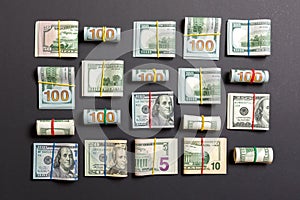 Colored Background with money american hundred dollar bills on top wiev with copy space for your text in business concept