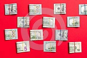 Colored Background with money american hundred dollar bills on top wiev with copy space for your text in business concept