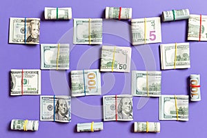 colored Background with money american hundred dollar bills on top wiev with copy space for your text in business concept