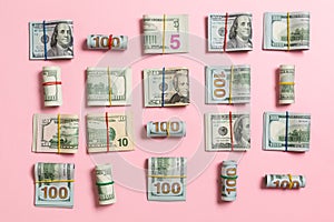 Colored Background with money american hundred dollar bills on top wiev with copy space for your text in business concept