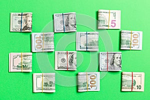 Colored Background with money american hundred dollar bills on top wiev with copy space for your text in business concept