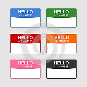 Colored badge name tag isolated. Hello my name is tag.
