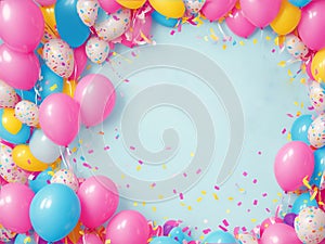 Colored ballons and confetti on a light blue background with copy space