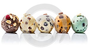 Colored balls of ice cream with nuts and chocolate chips in row