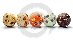 Colored balls of ice cream with nuts and chocolate chips in row