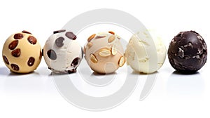 Colored balls of ice cream with nuts and chocolate chips in row