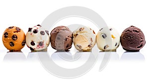 Colored balls of ice cream with nuts and chocolate chips in row