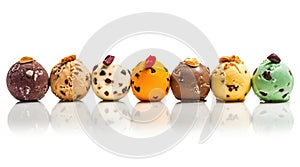 Colored balls of ice cream with nuts and chocolate chips in row