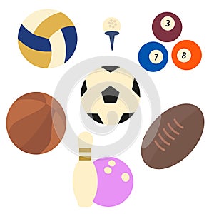 Colored balls for various sporting events. Vector flat illustration. A set of various projectiles for sports games