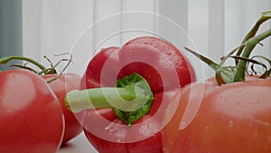 Colored bell pepper slices stand on wooden cutting board