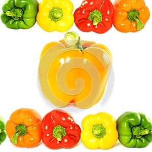 Colored bell peppers on white background