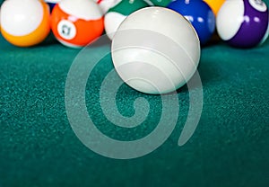 Colored Billiard Balls on green table concept with empty place, close up. Billiard table with balls