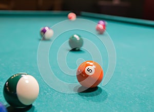 Colored billiard balls on a pool table