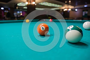 Colored billiard balls on a pool table