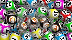 colored bingo balls fly to the camera and the center gets five balls with the euro symbol