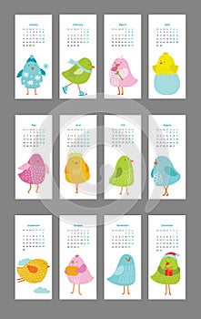 Colored birds calendar for 12 months