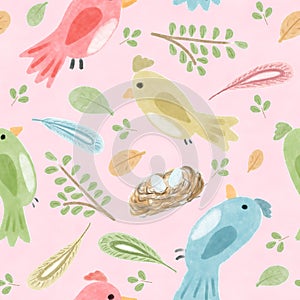 Colored birds, leaves, feathers, unique, seamless pattern, wall paper, scrapbooking paper, natural ornament, pink background