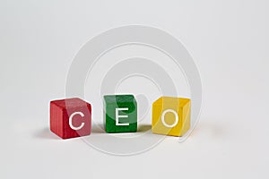Colored blocks against an isolated white background contain the letters CEO, which stand for Chief Executive Officer. Free space i