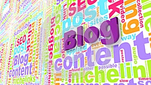 Colored blog keywords wordcloud on wall blogging concept