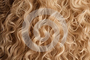 Colored Blonde curly hair texture background, hair care concept.