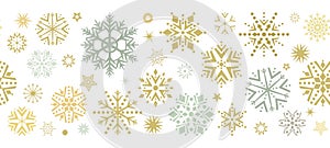 Colored border swirl of golden snowflakes and stars. seamless Xmas garlands