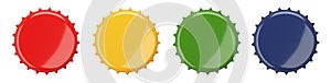 Colored bottle cap, blank label. Icon set. Top view. Template design