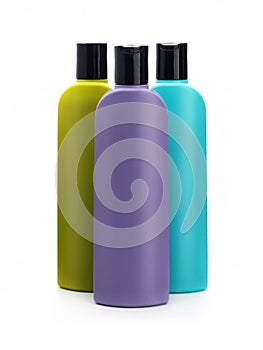 Colored bottles for packaging shampoos, balms, gels.