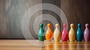 Colored bowling pins in a row on wooden floor