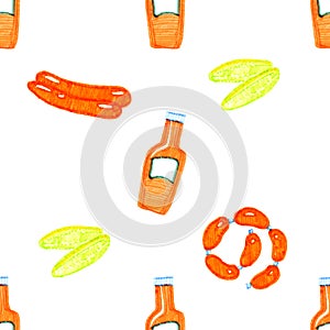 Colored bright hand drawn markers cucumbes, ketchup, sausages seamless pattern