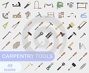 Colored bright icons of carpentry tools. Collection of carpentry tools icons. Tool for carpentry workshop. Vector illustration
