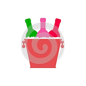 Colored bright wine bottles in a metal bucket and ice cubes. Vector illustration.