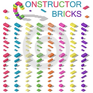 Colored building blocks of plastic constructor isometric set