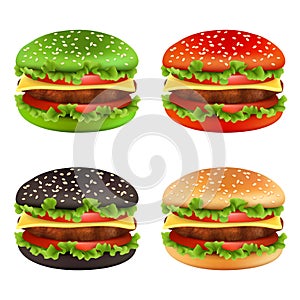 Colored burgers. Fast food black cheeseburger bread of different colors and ingredients meal beef tomato fries delicious