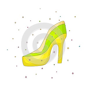 Colored cartoon high-heel shoes with decoration. Green and yellow shoe heel cute vector icon. Single high heel slipper