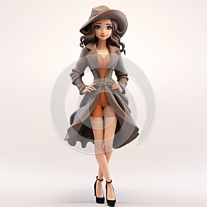 Colored Cartoon Style 3d Model Of Female Character Wearing Hat And Coat