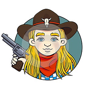 Rodeo girl in cowboy hat and revolver in her hand.