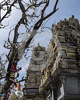 Colored carvings cover the Aadishakti Seeta Amman Temple