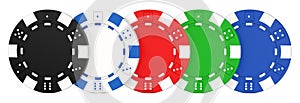 Colored casino chips in a row. 3D rendering illustration of poker chips isolated on white background.