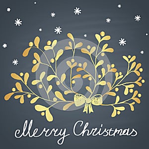 Colored chalk drawn illustration with branch of mistletoe, snowflakes and ''Merry Christmas'' text.
