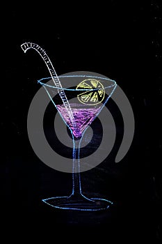 Colored chalk drawn illustration of glass with martini. Cocktail theme.