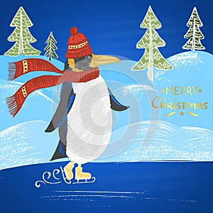 Colored chalk drawn illustration with skating penguin in a hat with scarf, ''Merry Christmas'' text, snowdrifts and Christmas tree