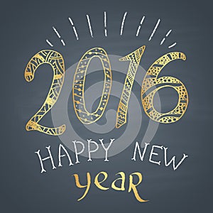 Colored chalk painted illustration with 2016, ''happy new year'' text and ornaments with golden elements