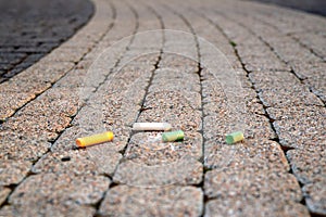 Colored chalk on playground with drawings on street.children drawing on the street. drawing lessons and creativity for kids in