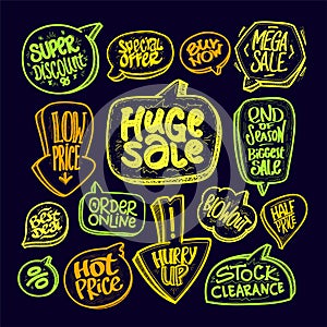 Colored chalk sale vector signs and prints set - huge sale, super discount, special offer