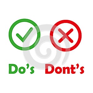 Colored check marks like dos and donts. concept of checklist symbol for recommendations and review or evaluate. simple round flat
