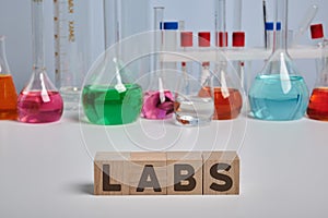 Colored Chemical Flasks and LABS word on Wood Cubes