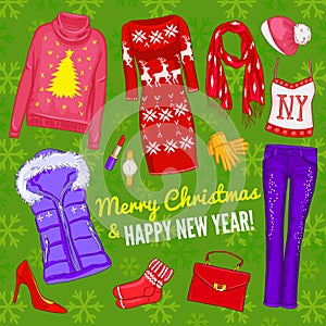Colored christmas fashionable clothing composition with christmas icon set