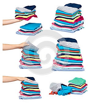 Colored cloth pile, stacked washing textile, set and collection