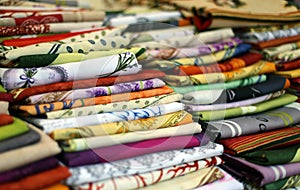 Colored cloth tablecloths for sale in the town market photo
