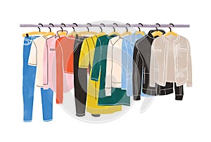 Colored clothes or apparel hanging on hangers on garment rack or rail isolated on white background. Clothing